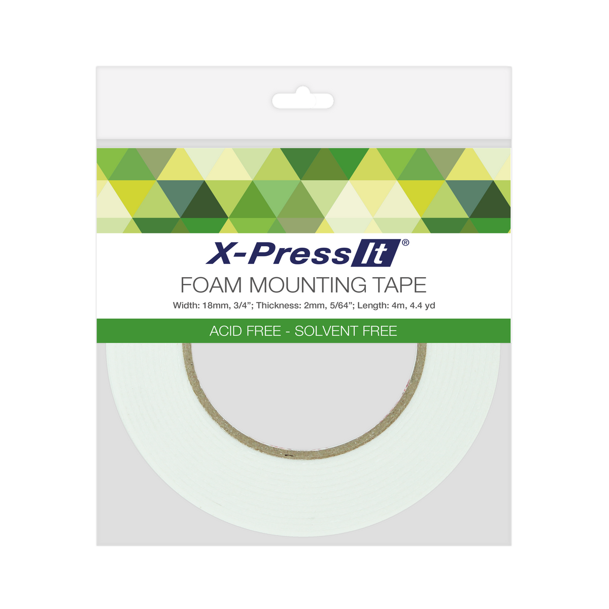 Outlined front view of the 18mm X-Press It Foam Mounting Tape pack showing acid free and solvent free band