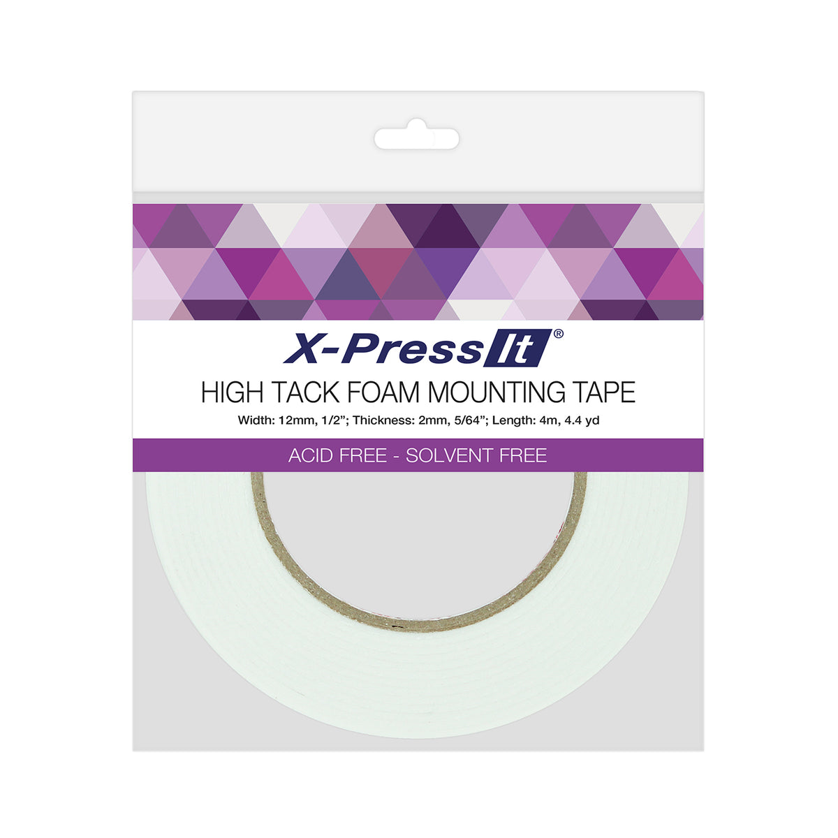 X-Press It High Tack Foam Mounting Tape hang pack with purple band, 12mm by 2mm by 4m