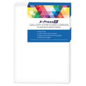 X-Press It Gallery Stretched Canvas 10 x 20 inch (GSC10X20): white primed canvas front with a blue label band, multicoloured triangle pattern and the 450 GSM heavy weight canvas and pine frame label points; generic range image shown as a portrait rectangle