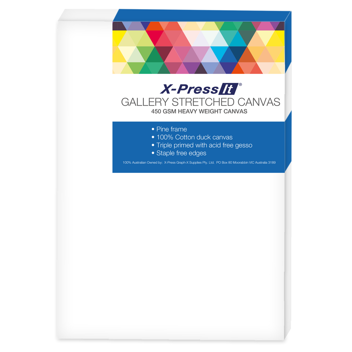 X-Press It Gallery Stretched Canvas 16 x 16 inch (GSC16X16): white primed canvas front with a blue label band, multicoloured triangle pattern and the 450 GSM heavy weight canvas and pine frame label points; generic range image shown as a portrait rectangle