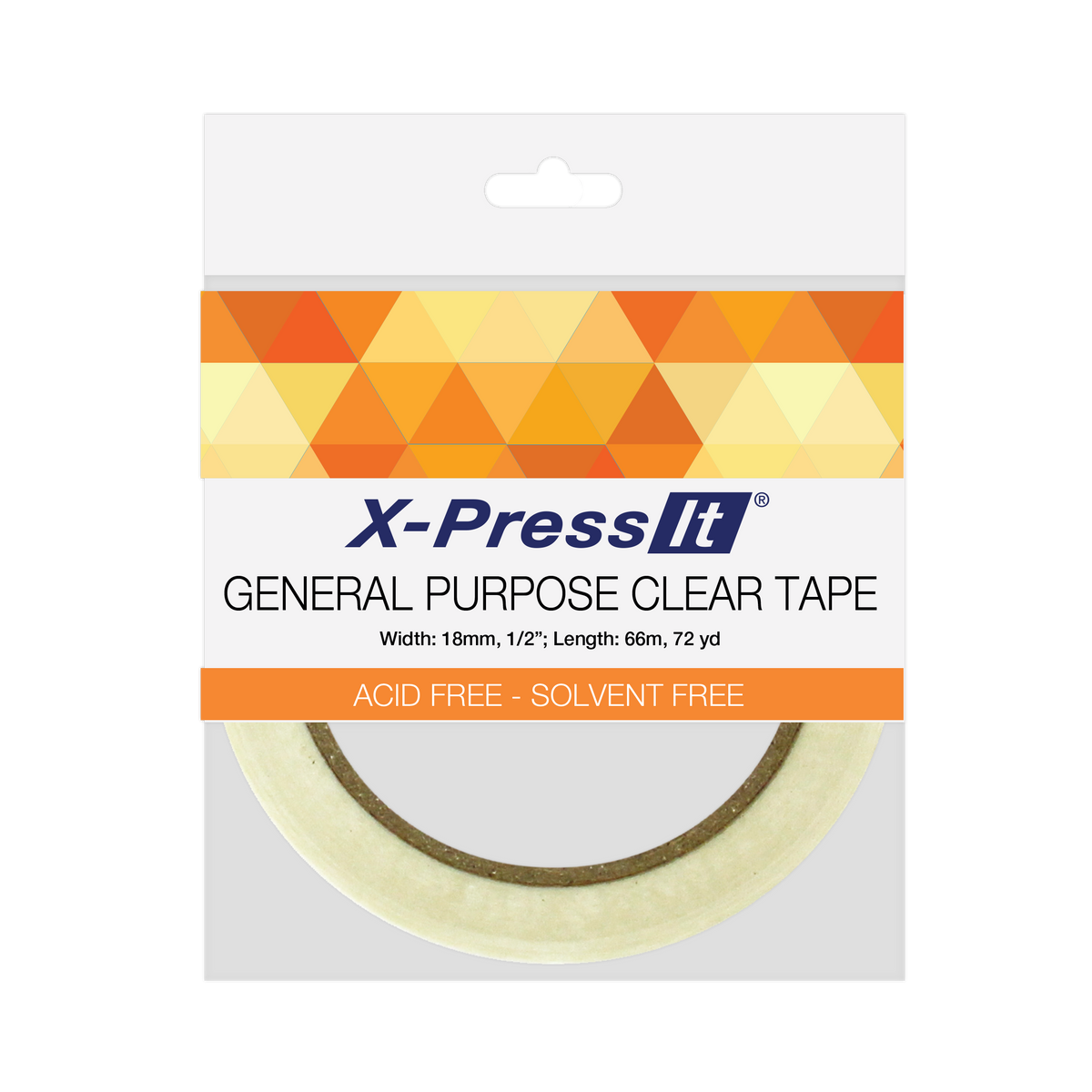 Outlined front of the 18mm X-Press It General Purpose Clear Tape pack with acid free and solvent free band