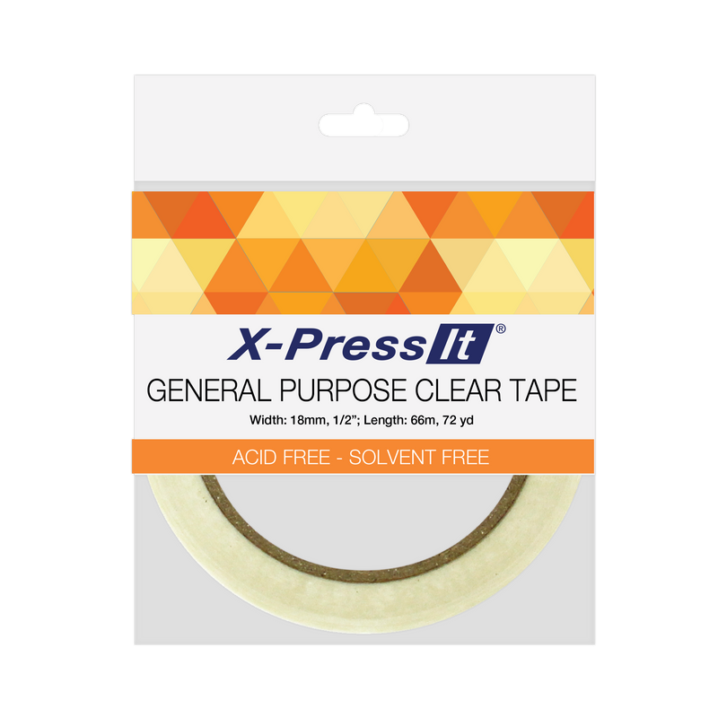 Outlined front of the 18mm X-Press It General Purpose Clear Tape pack with acid free and solvent free band