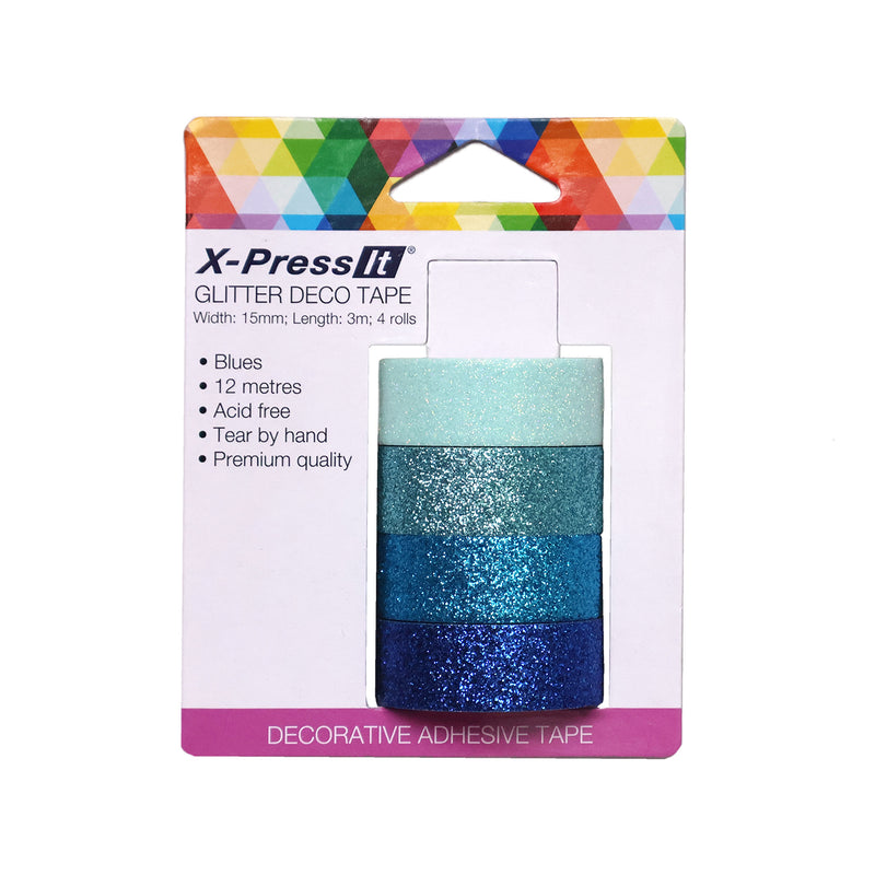 X-Press It Glitter Deco Tape Blues card with four blue rolls, 15mm x 3m, 12 metres, acid free, tear by hand