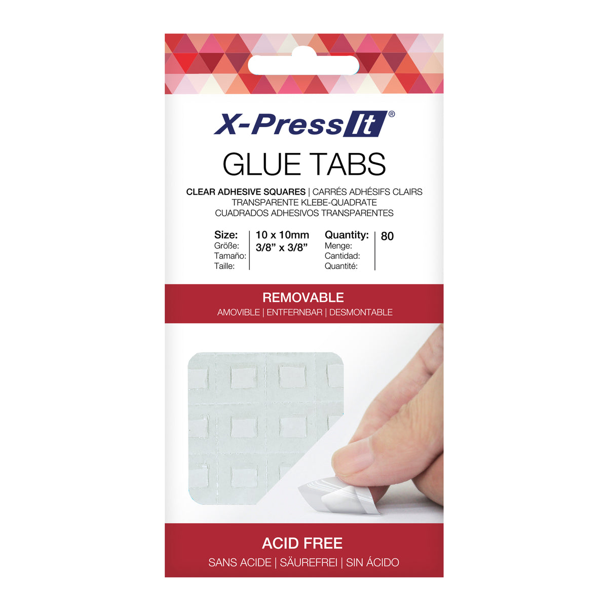 X-Press It Glue Tabs pack with red Removable band, 80 clear 10 x 10mm adhesive squares, hand peeling a tab