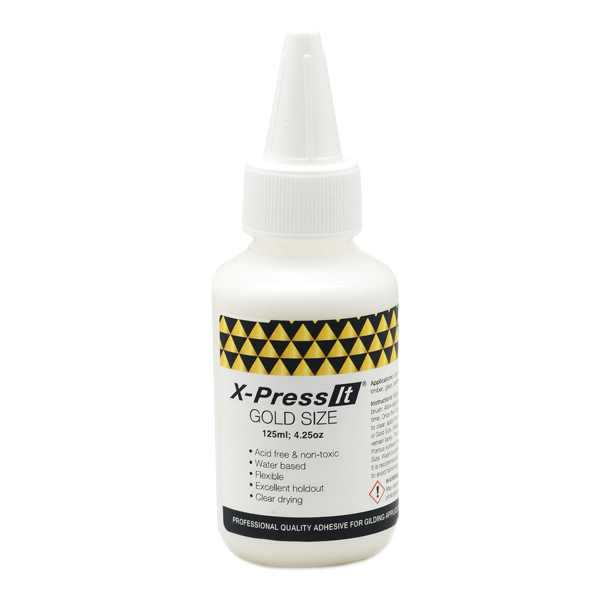 X-Press It Gold Size 125ml white bottle with black and gold triangle label and pointed nozzle cap, front view