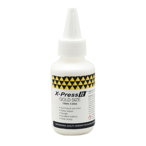 X-Press It Gold Size 125ml white bottle with black and gold triangle label and pointed nozzle cap, front view