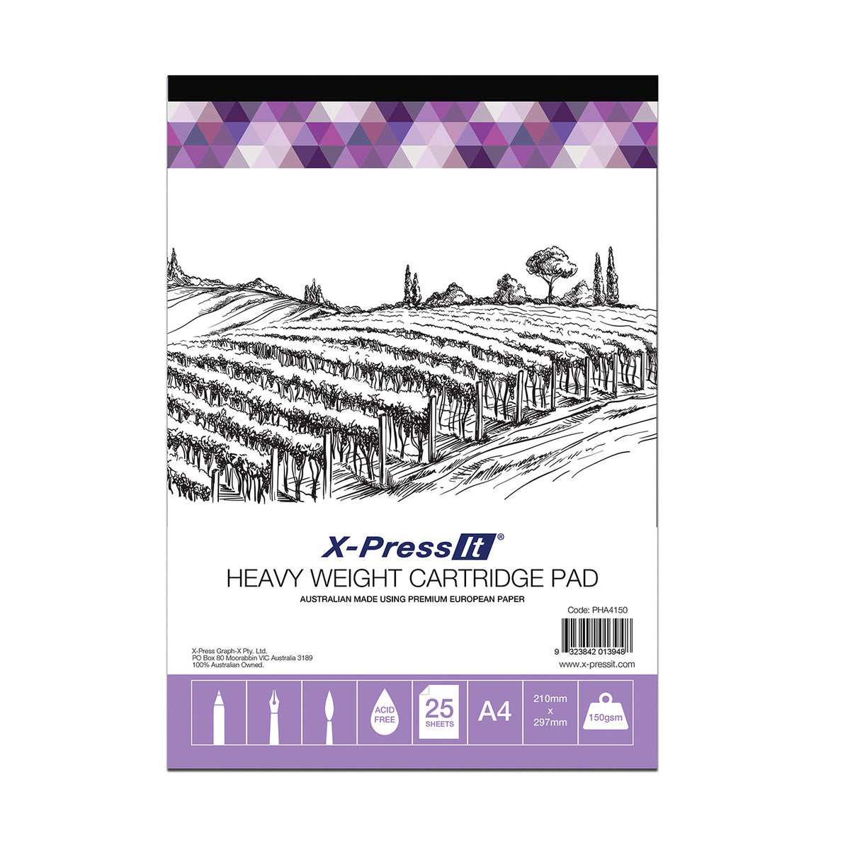 X-Press It Heavy Weight Cartridge Pad A4 150gsm: white cover with a pen and ink vineyard landscape, purple triangle band and lilac icon strip showing 25 sheets
