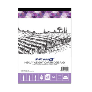 X-Press It Heavy Weight Cartridge Pad A4 150gsm: white cover with a pen and ink vineyard landscape, purple triangle band and lilac icon strip showing 25 sheets