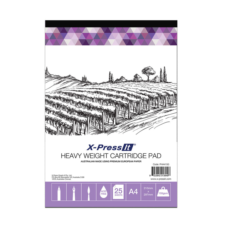 X-Press It Heavy Weight Cartridge Pad A4 150gsm: white cover with a pen and ink vineyard landscape, purple triangle band and lilac icon strip showing 25 sheets