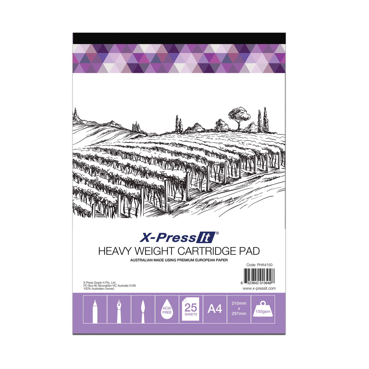 X-Press It Heavy Weight Cartridge Pad A4 150gsm cut out pack shot of the same cover with Acid Free, A4 and 150gsm icons along the base