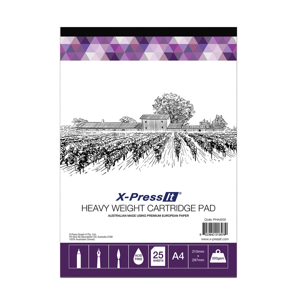 X-Press It Heavy Weight Cartridge Pad A4 200gsm: white cover with a pen and ink farmhouse behind vine rows, purple triangle band and dark purple icon strip showing 25 sheets