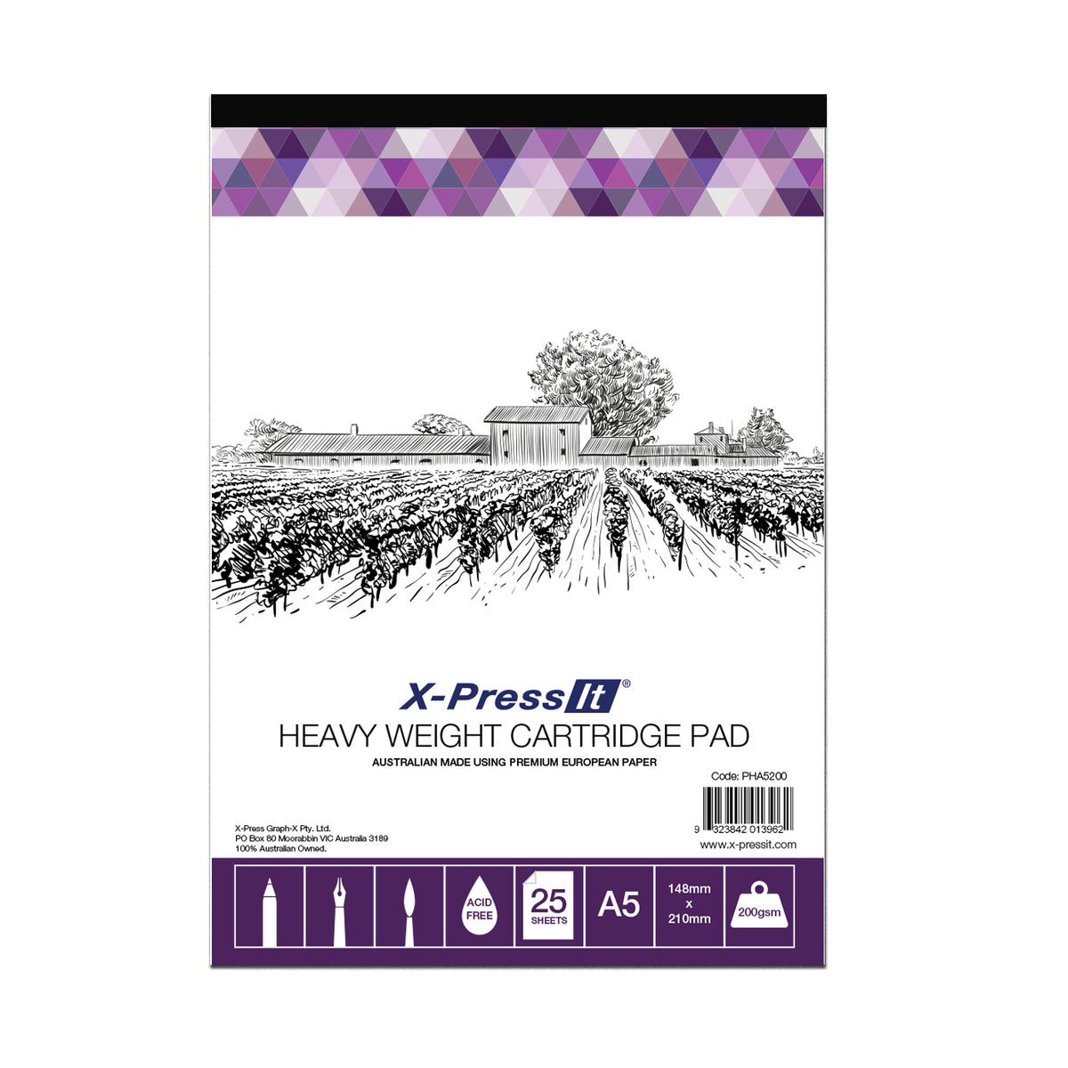 X-Press It Heavy Weight Cartridge Pad A5 200gsm: white cover with a pen and ink farmhouse behind vine rows, purple triangle band and dark purple icon strip showing 25 sheets