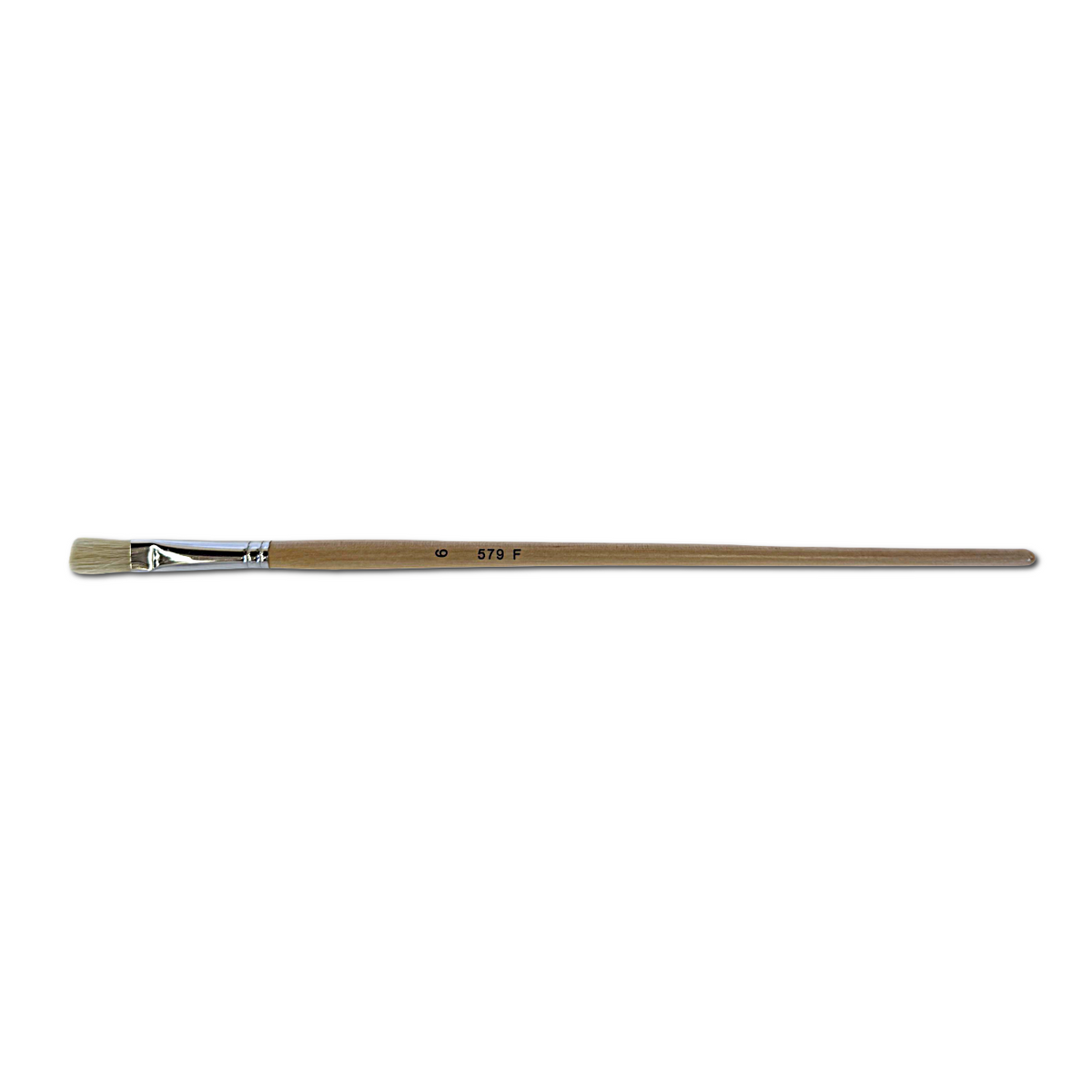 X-Press It hog hair flat brush size 6 lying horizontally, natural timber handle printed 6 and 579 F, silver ferrule