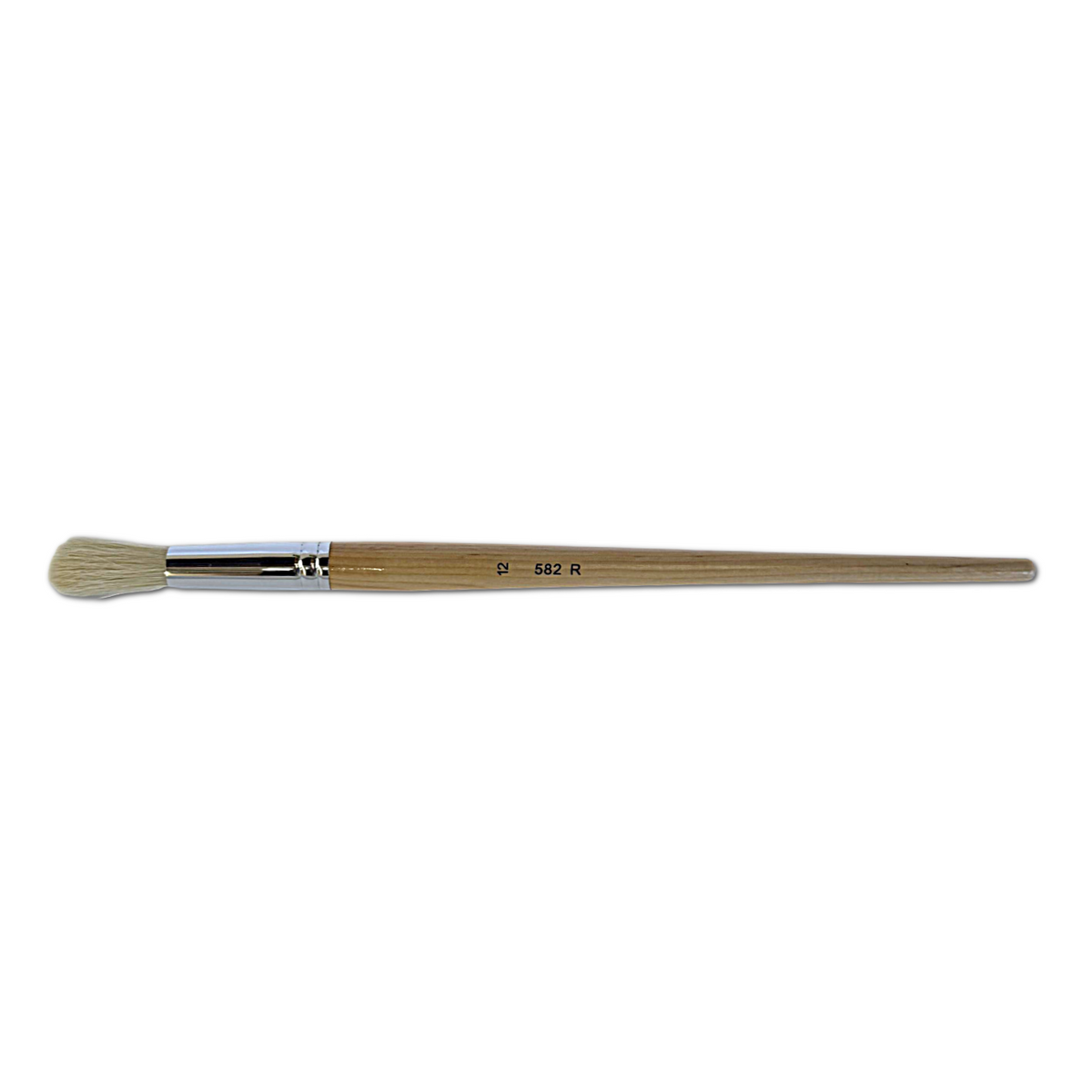X-Press It size 12 hog hair round brush lying flat, timber handle printed 12 582 R and a polished ferrule