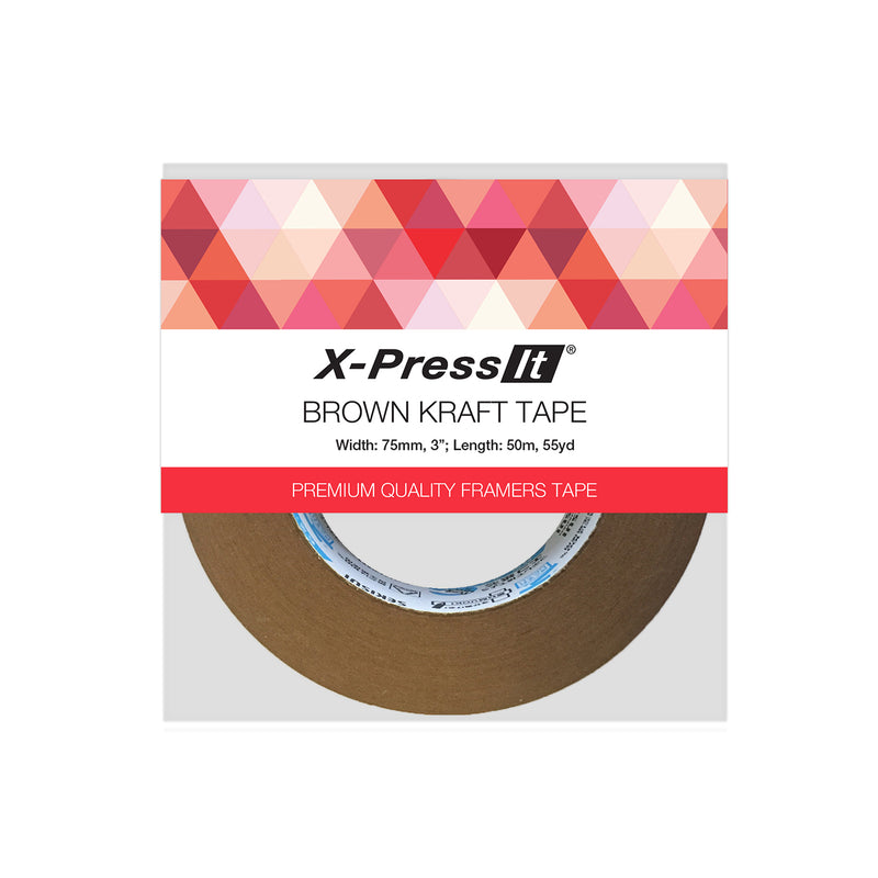 X-Press It Brown Kraft Tape pack, 75mm by 50m, red framers tape band above the brown roll