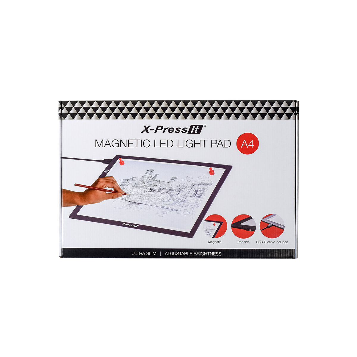 X-Press It Magnetic LED Light Pad A4 retail box front showing a hand tracing a house drawing on the lit pad, with Magnetic, Portable and USB-C icons