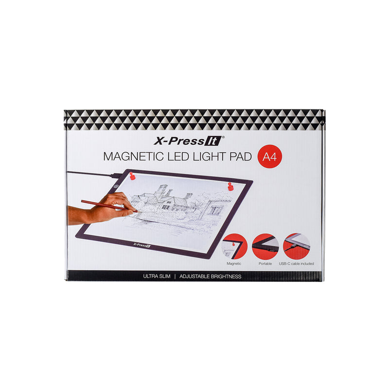 X-Press It Magnetic LED Light Pad A4 retail box front showing a hand tracing a house drawing on the lit pad, with Magnetic, Portable and USB-C icons