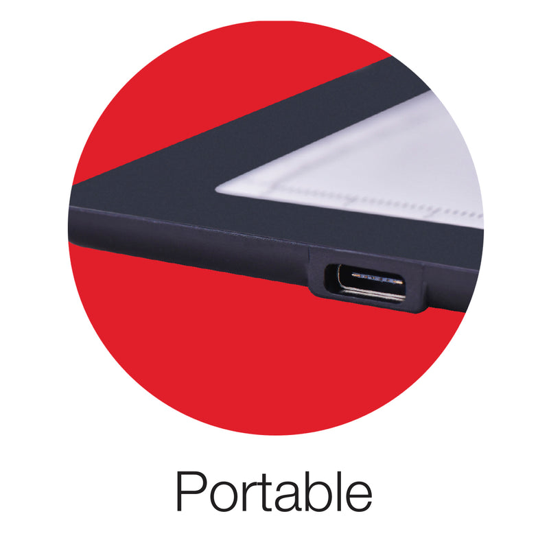 X-Press It LED Light Pad A4 edge close-up showing the USB-C socket on the slim dark frame, captioned Portable