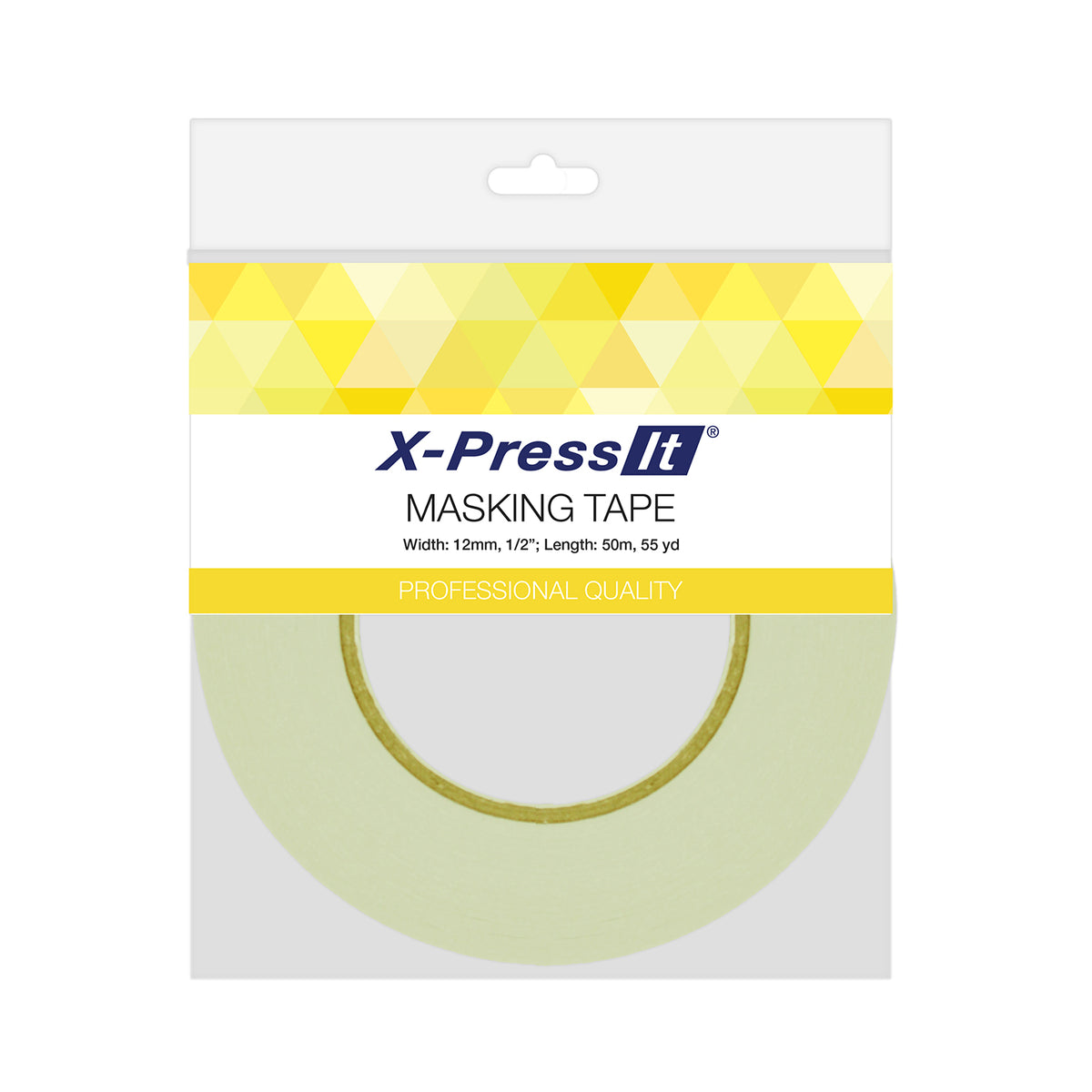 X-Press It Masking Tape pack with yellow professional quality band, 12mm wide by 50m long