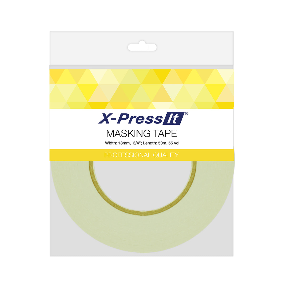 X-Press It Masking Tape hang pack, 18mm by 50m, with yellow band and cream roll