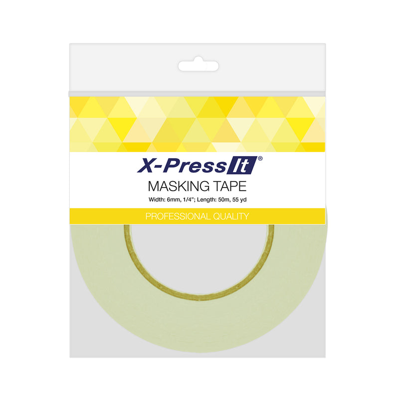 X-Press It Masking Tape hang pack with yellow band, 6mm wide by 50m long, cream roll visible below