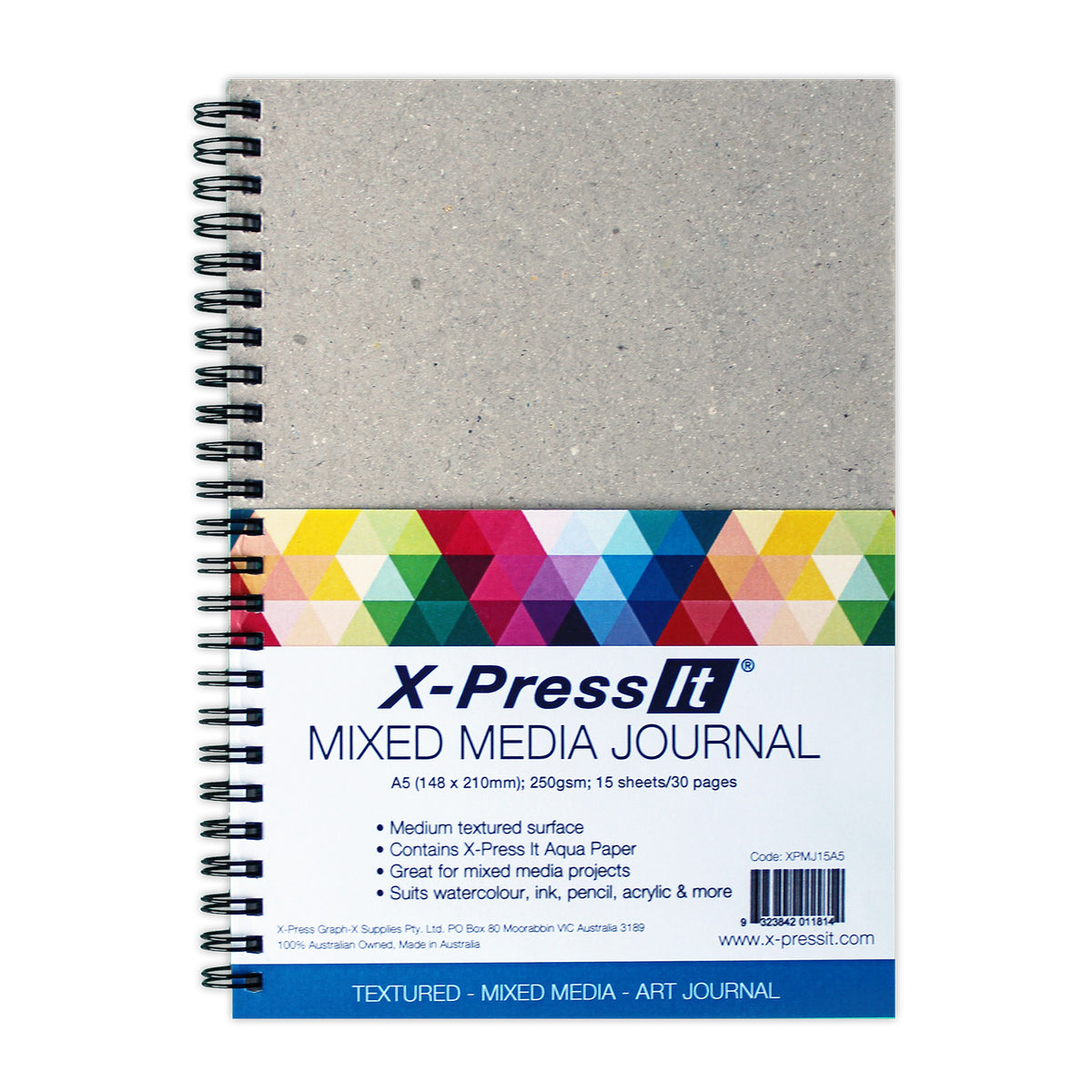 X-Press It Mixed Media Journal A5: grey speckled board cover, wire binding, rainbow triangle band and white label with a blue textured, mixed media, art journal strip