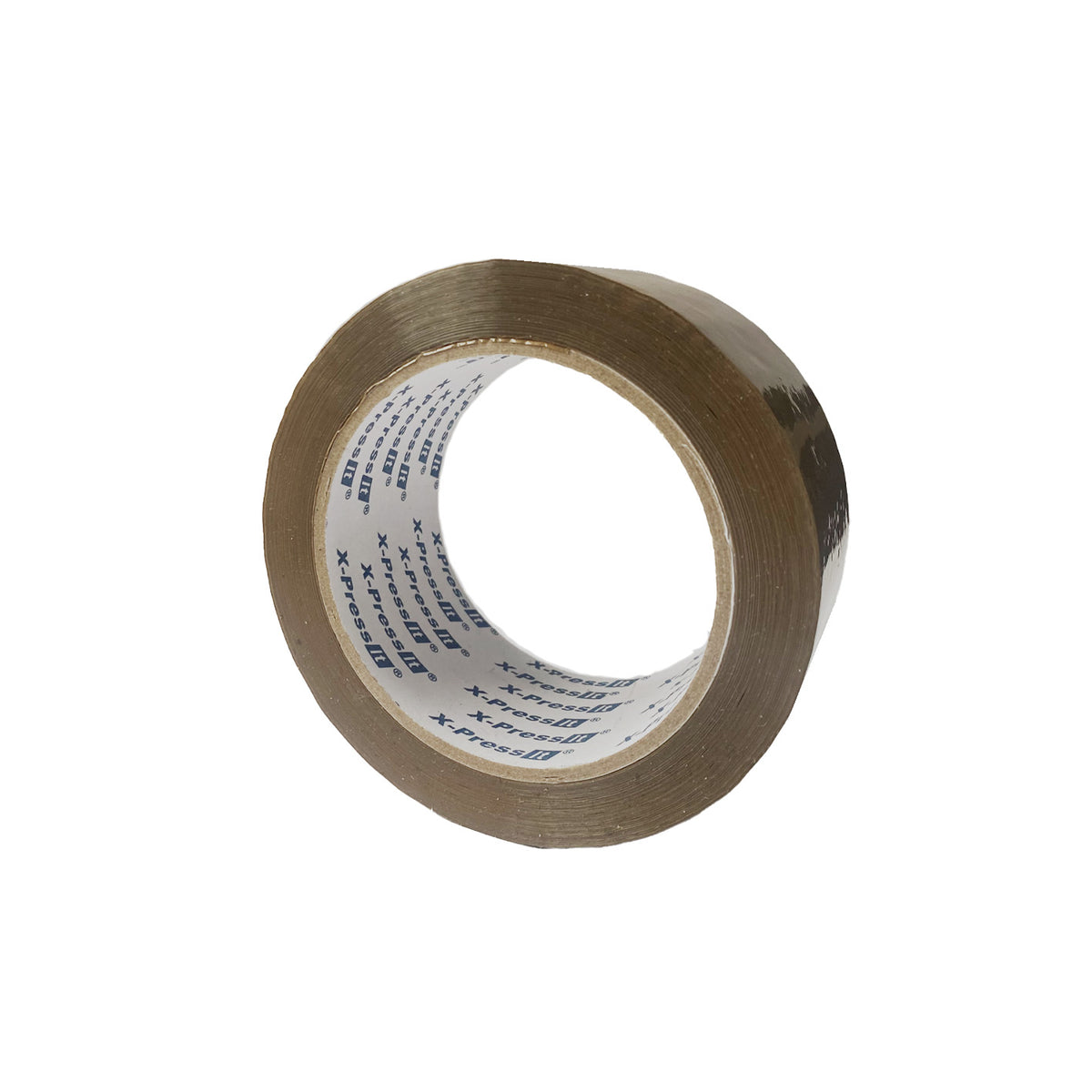 Roll of brown X-Press It packing tape with printed core on a white background