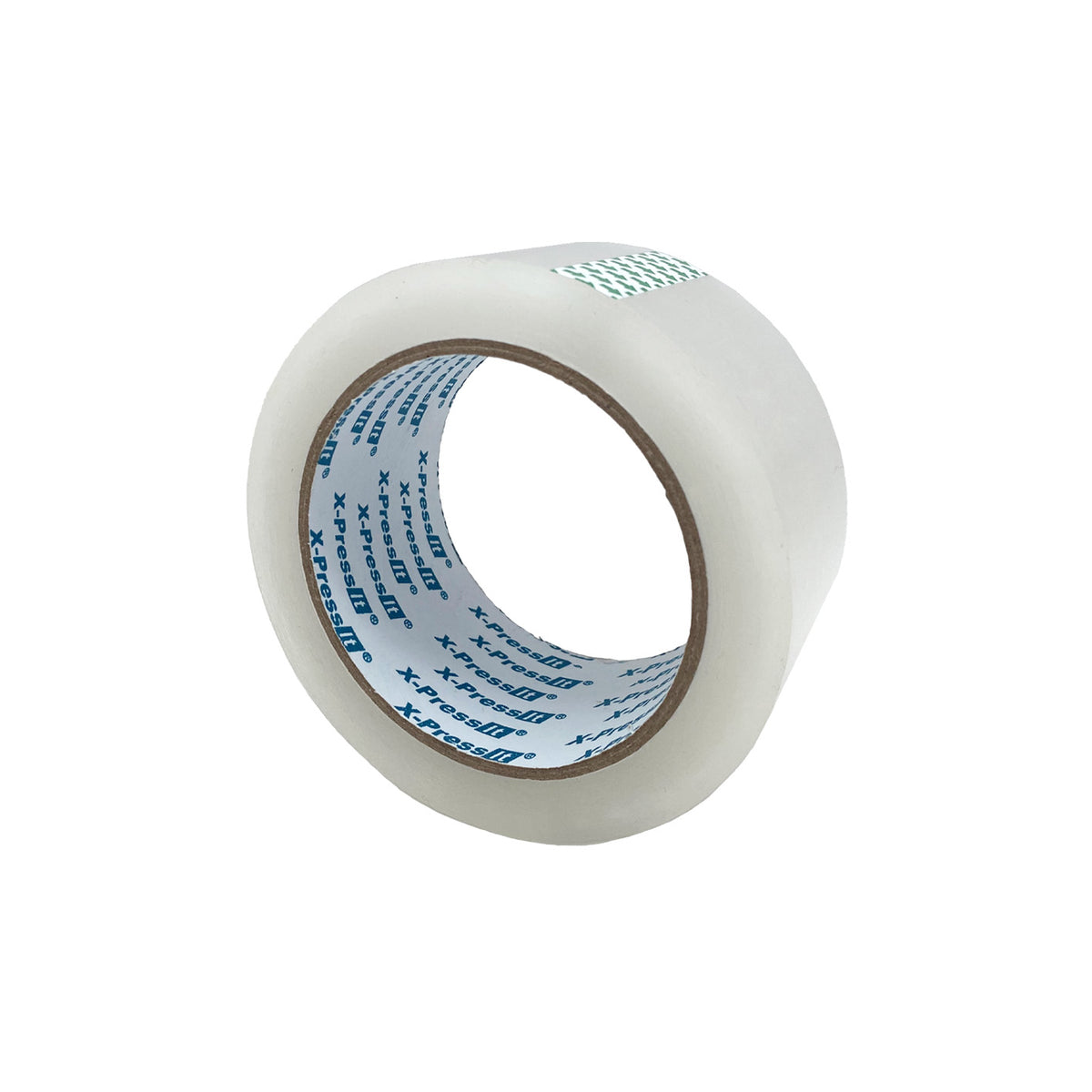 Roll of clear X-Press It packing tape with green printed core on a white background
