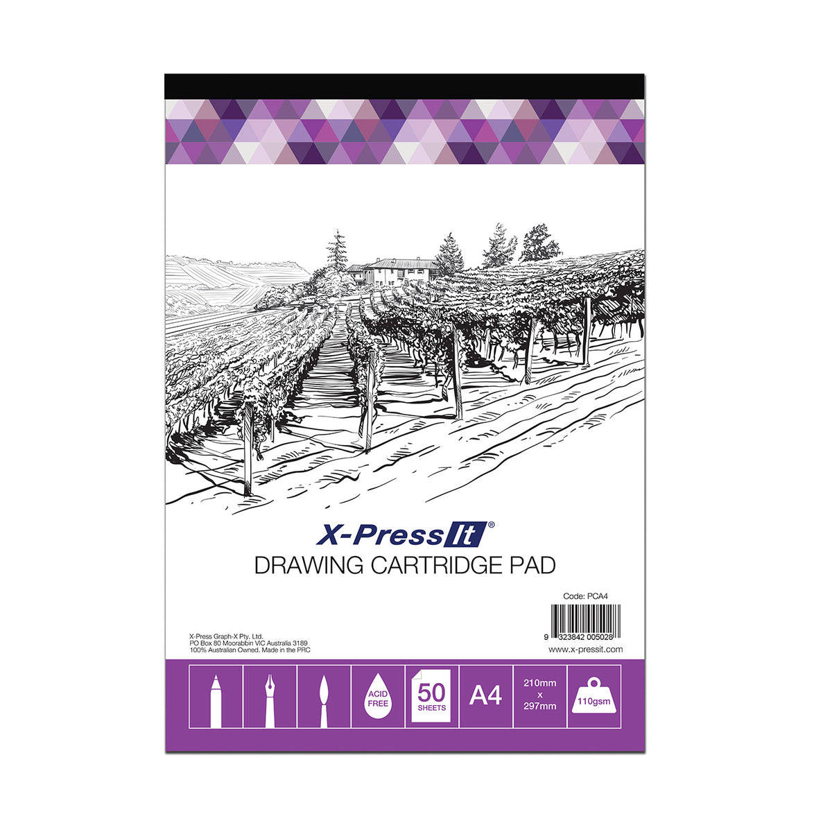 X-Press It Drawing Cartridge Pad A4 110gsm: white cover with a pen and ink vineyard avenue leading to a farmhouse, purple triangle band and icons for 50 sheets