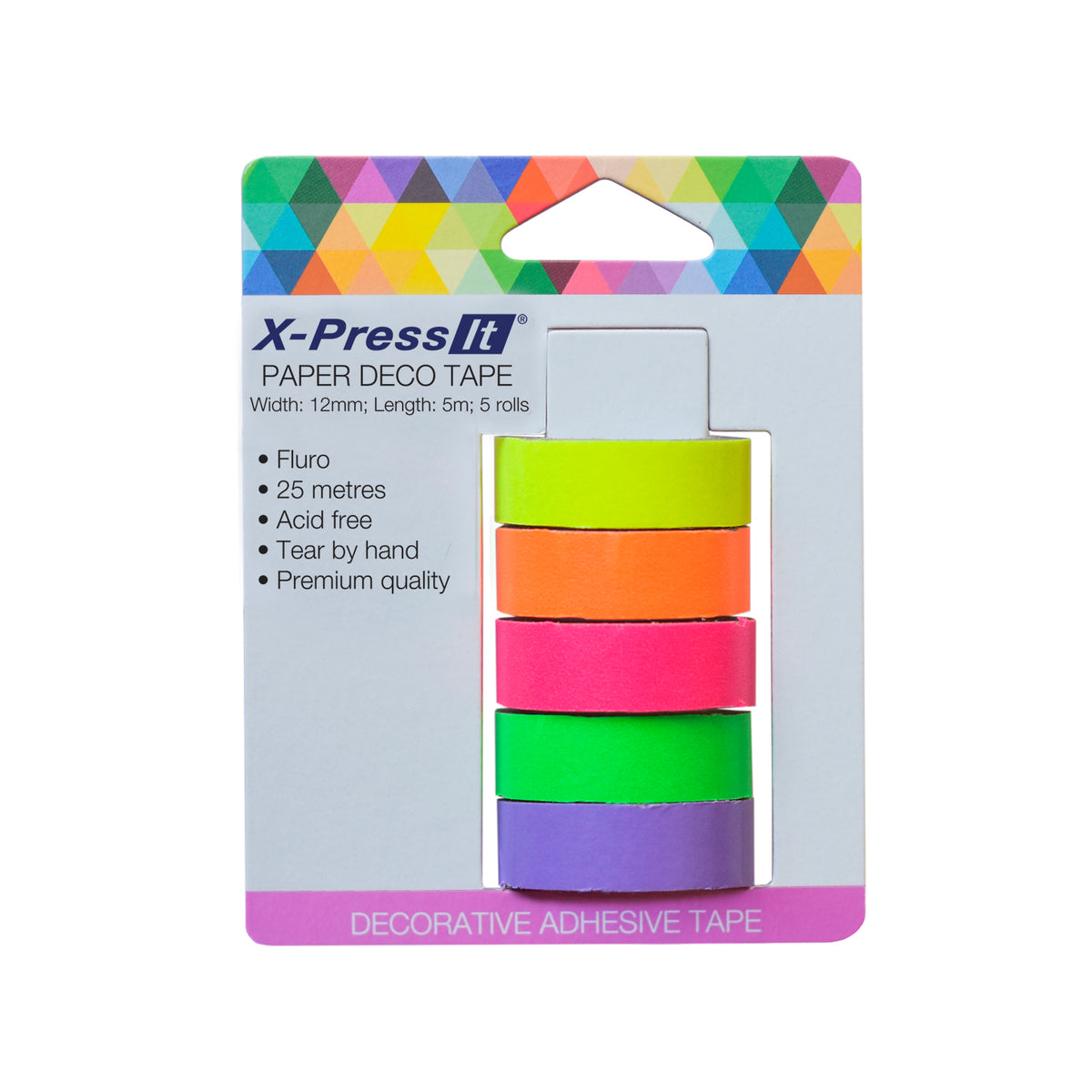 X-Press It Paper Deco Tape card with five fluro rolls, 12mm width, 5m length, 25 metres and acid free