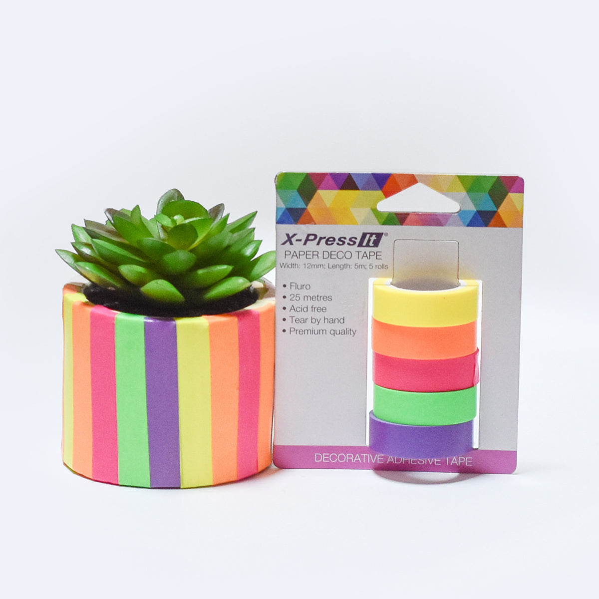 Striped fluro plant pot with succulent next to the X-Press It fluro paper deco tape card on white