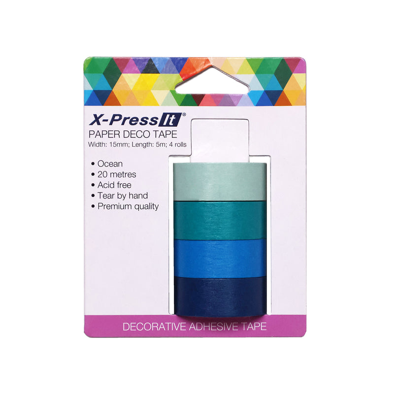X-Press It Paper Deco Tape Ocean card with four 15mm rolls in pale aqua, teal, bright blue and navy