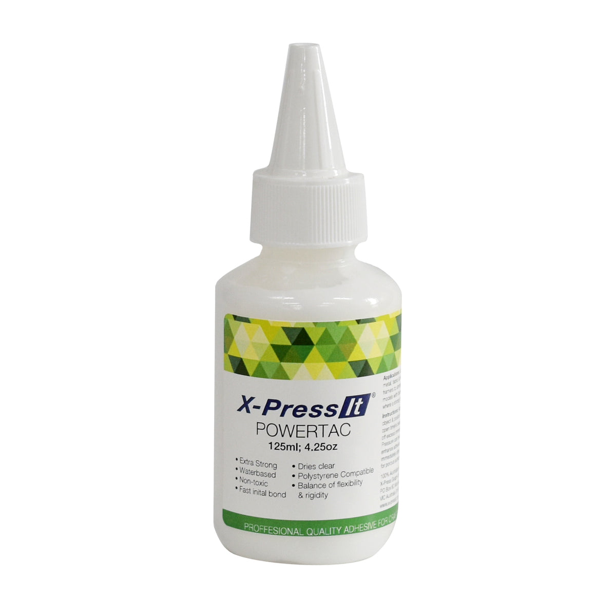 X-Press It PowerTac 125ml white bottle with green and yellow triangle label and pointed nozzle, front view