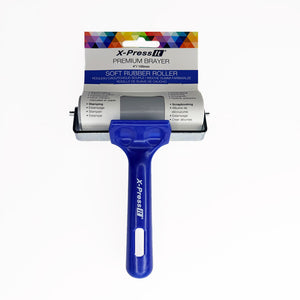 X-Press It Premium Brayer 4 inch 100mm on its pack card, grey soft rubber roller, metal frame and blue X-Press It handle