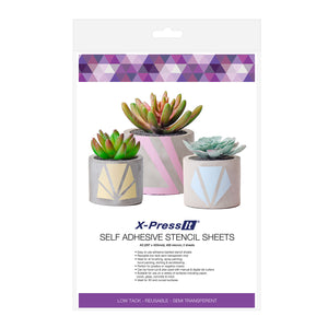 X-Press It A3 self adhesive stencil sheets pack, 400 micron 2 sheets, with three concrete pots painted in geometric designs