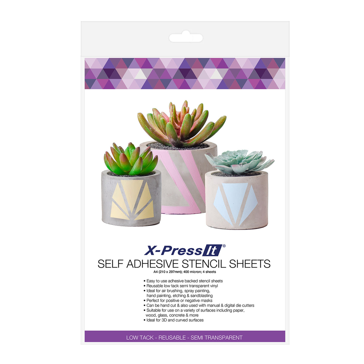 X-Press It A4 self adhesive stencil sheets pack, 400 micron 4 sheets, with stencilled concrete succulent pots