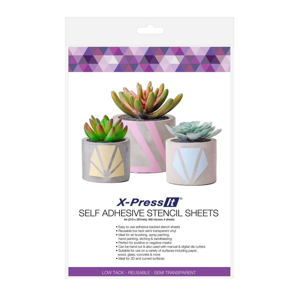 Front of X-Press It A4 stencil sheet pack showing pink, yellow and blue geometric designs painted on three pots