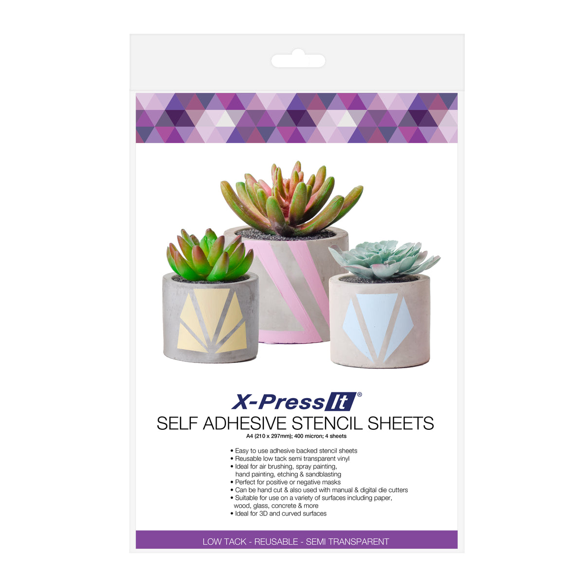 X-Press It A4 stencil sheets packaging with feature list and low tack, reusable, semi transparent banner