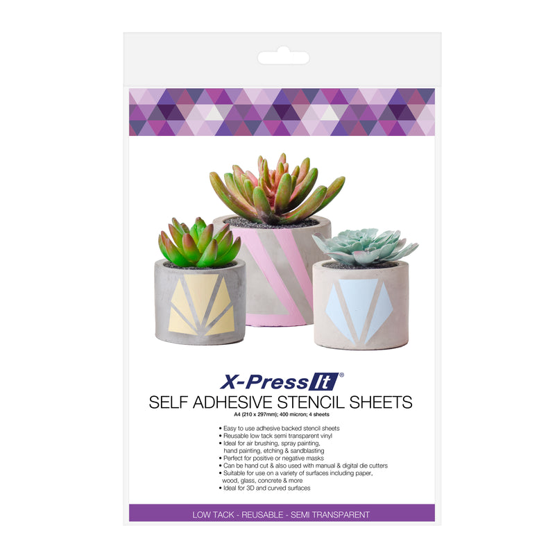 X-Press It A4 stencil sheets packaging with feature list and low tack, reusable, semi transparent banner