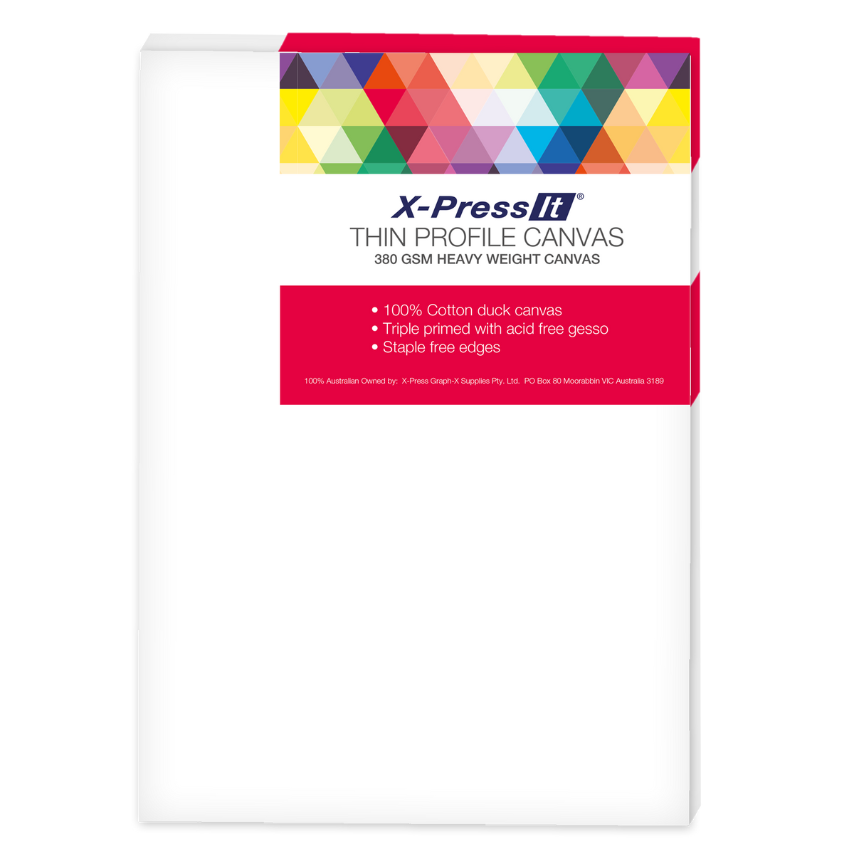 X-Press It Thin Profile Canvas 10 x 12 inch (SSC10X12): white primed canvas front with a red label band, multicoloured triangle pattern and 380 GSM heavy weight canvas text; generic range image shown as a portrait rectangle