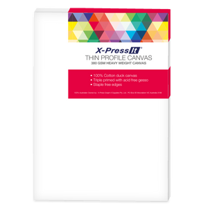 X-Press It Thin Profile Canvas 10 x 12 inch (SSC10X12): white primed canvas front with a red label band, multicoloured triangle pattern and 380 GSM heavy weight canvas text; generic range image shown as a portrait rectangle