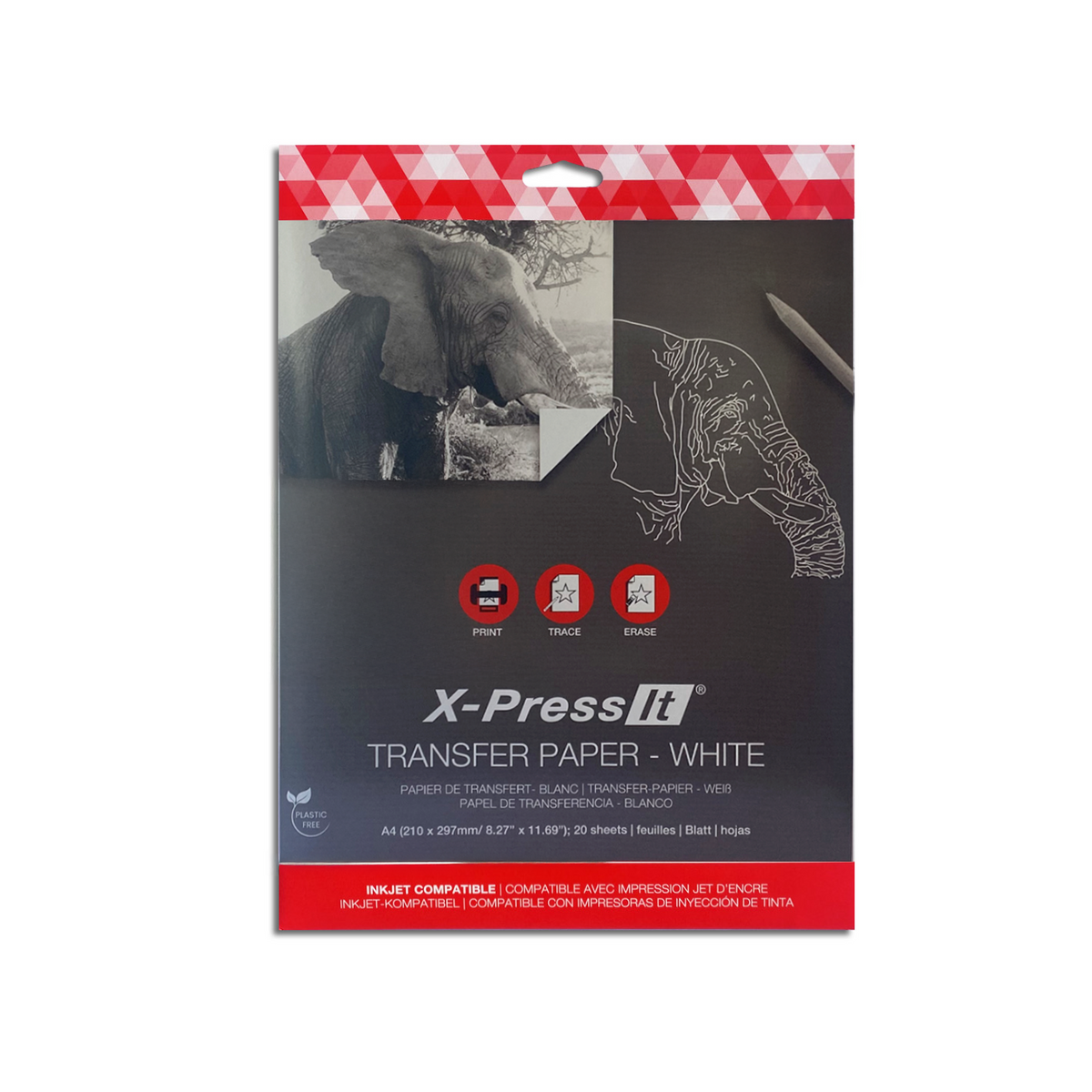 X-Press It Transfer Paper White A4 20 sheets: dark grey pack front with elephant photo and white line tracing, print, trace and erase icons