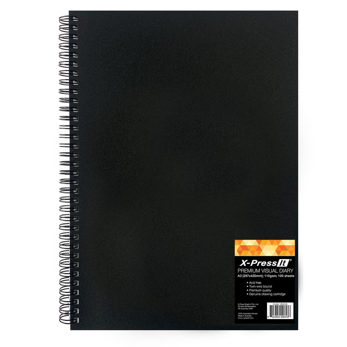 X-Press It Premium Visual Diary A3 110gsm 100 sheets: plain black cover, twin wire spine and orange triangle label in the lower right corner