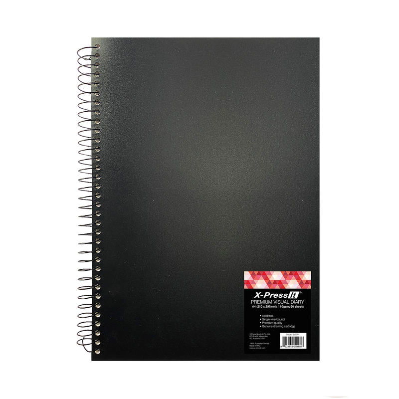X-Press It Premium Visual Diary single wire A4 second front view showing the label text, acid free and single wire bound bullets and the barcode