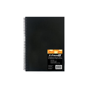 X-Press It Premium Visual Diary A5 110gsm 100 sheets: plain black cover, twin wire spine and orange triangle label in the lower right corner