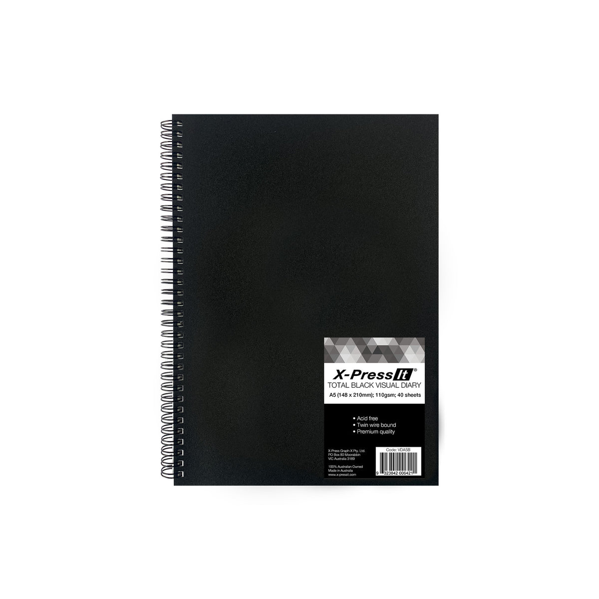 X-Press It Total Black Visual Diary A5 110gsm 40 sheets: plain black cover, twin wire spine and grey and white triangle label in the lower right corner