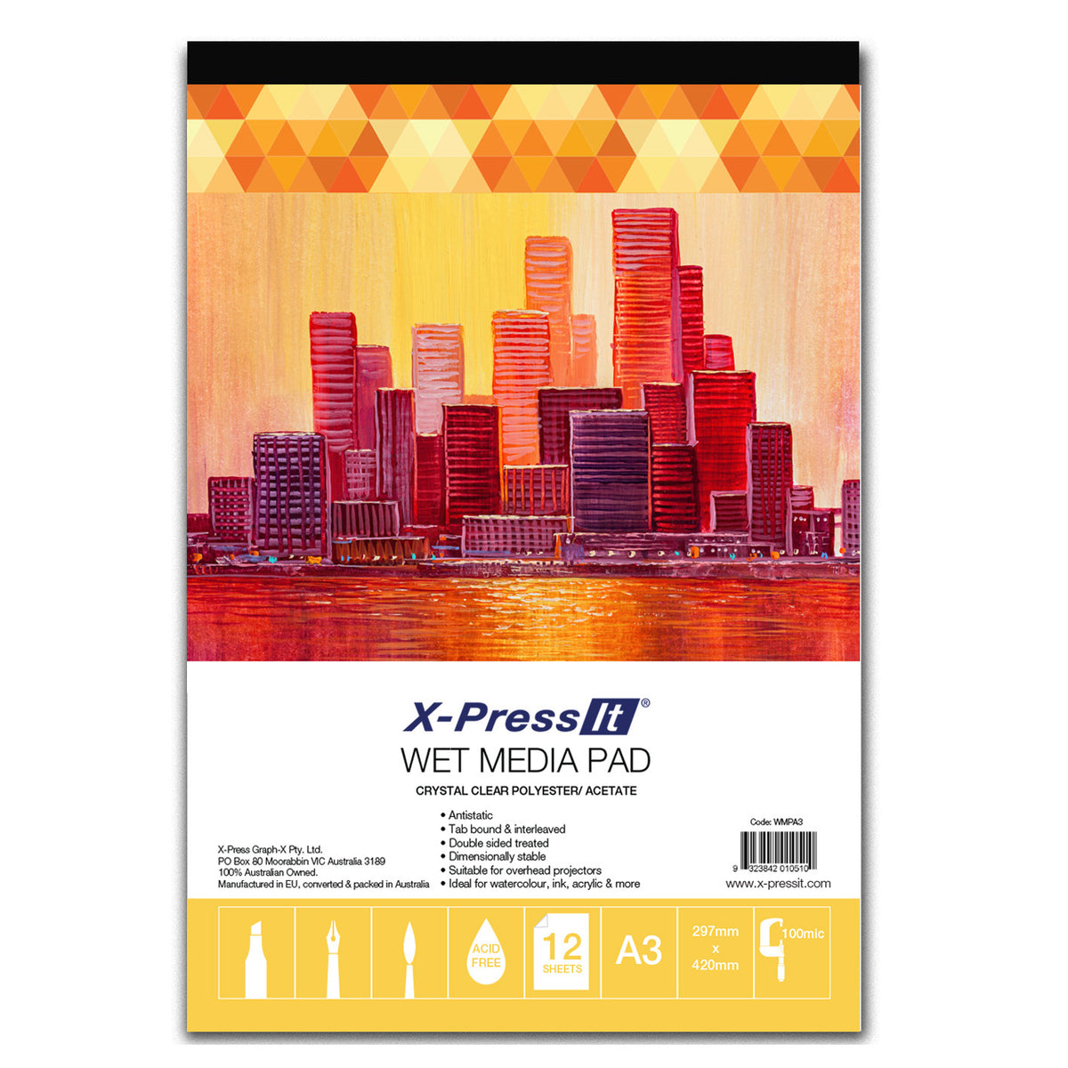 X-Press It Wet Media Pad A3 cover with a painted red and orange city skyline over water, label bullets and yellow icon band showing 12 sheets and 100mic