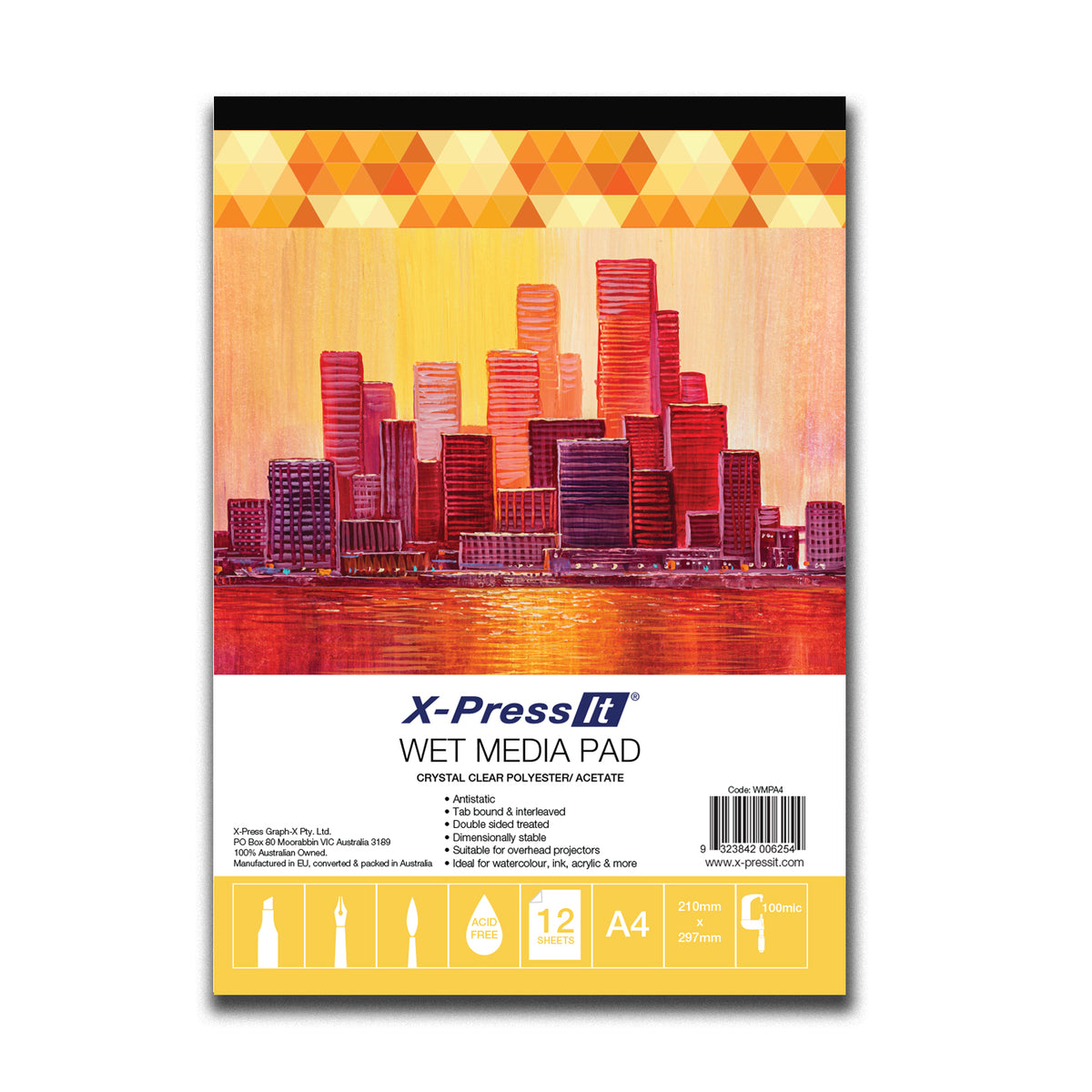 X-Press It Wet Media Pad A4 front cover: crimson and violet painted skyline reflected in water, yellow triangle band and icons for 12 sheets, A4 and 100mic