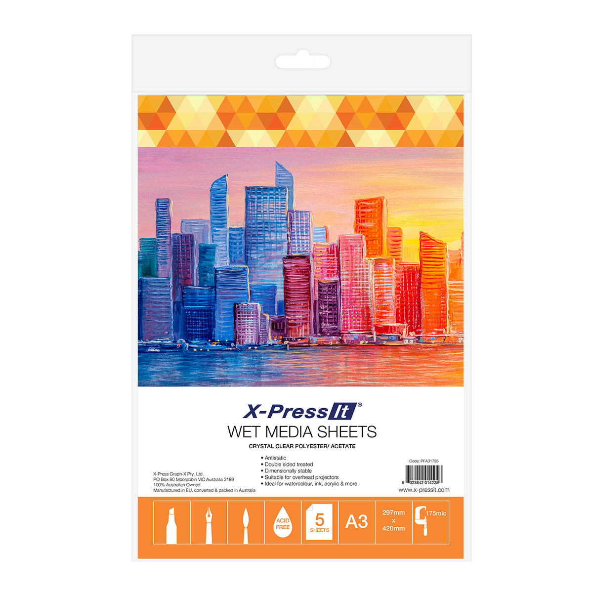 X-Press It Wet Media Sheets A3 175 micron: pack front with a painted city skyline, orange band listing 5 sheets, A3 and 175mic