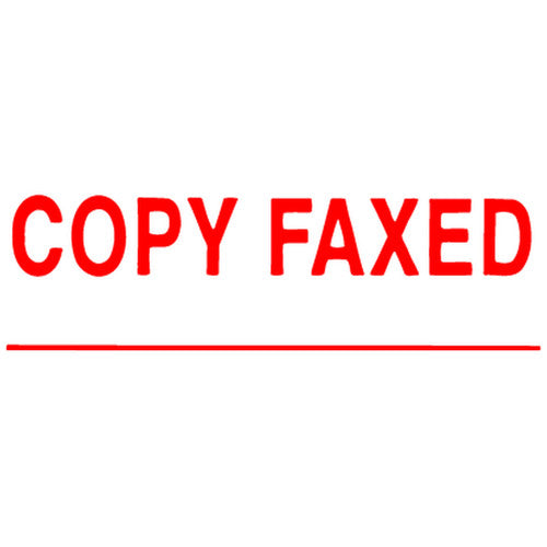 Xstamper CX-BN Message Stamp Copy Faxed Red pre-inked rubber stamp with retractable frame and clear title window, front view